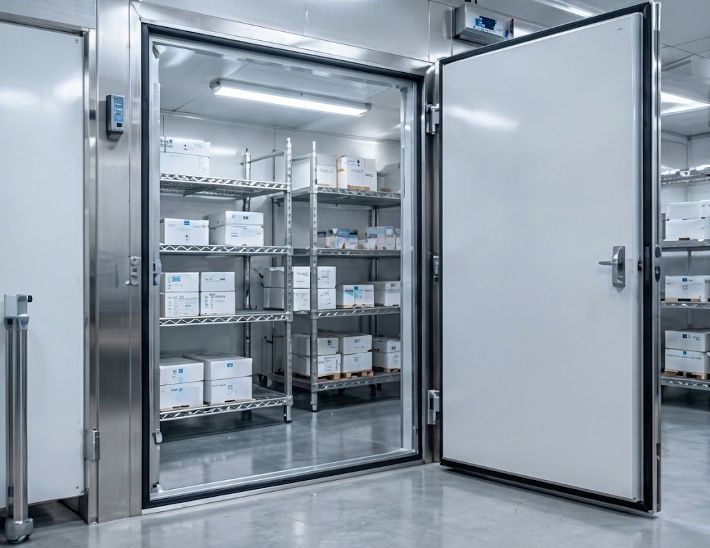 Illustration: an open cold room with shelving stacked with boxes.