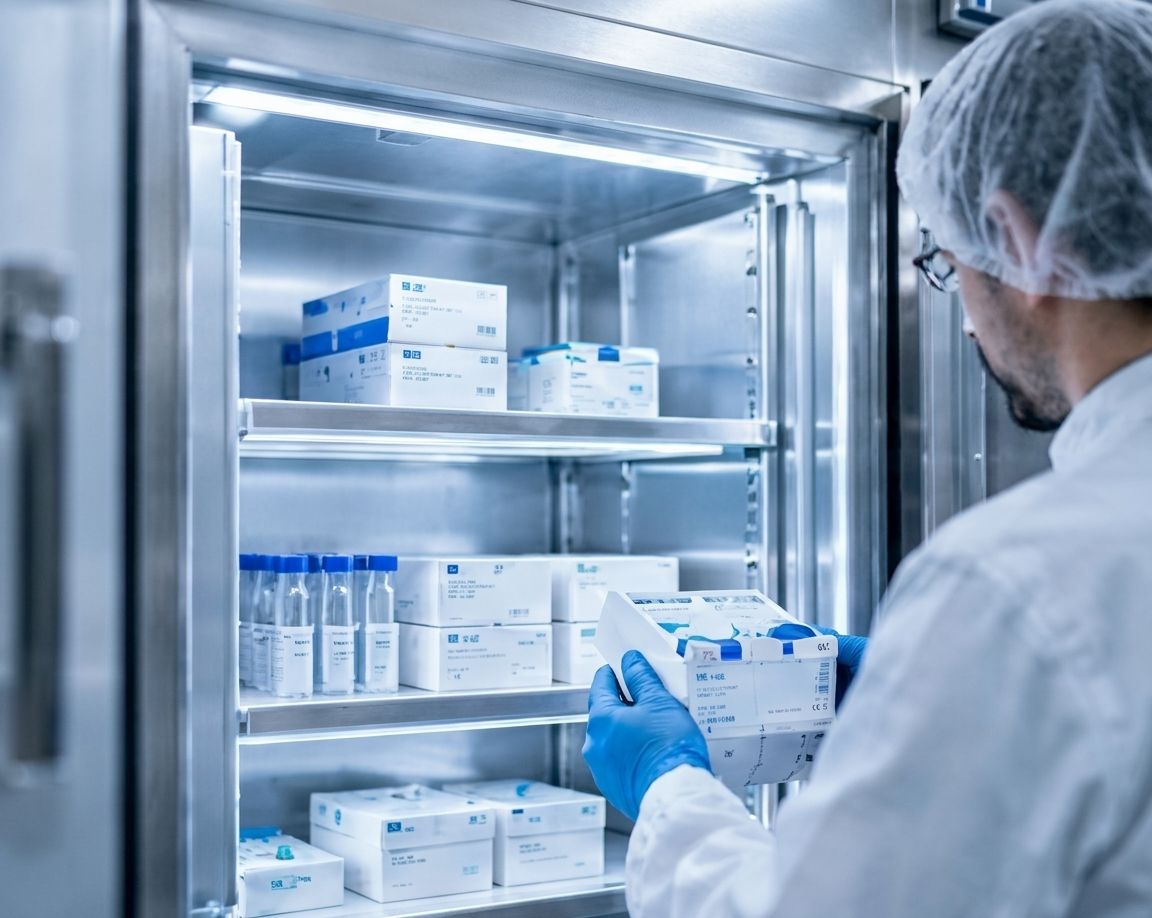 Illustration: an open pharmaceutical refrigerator, boxes and vials on the shelves, a gloved hand placing a box.